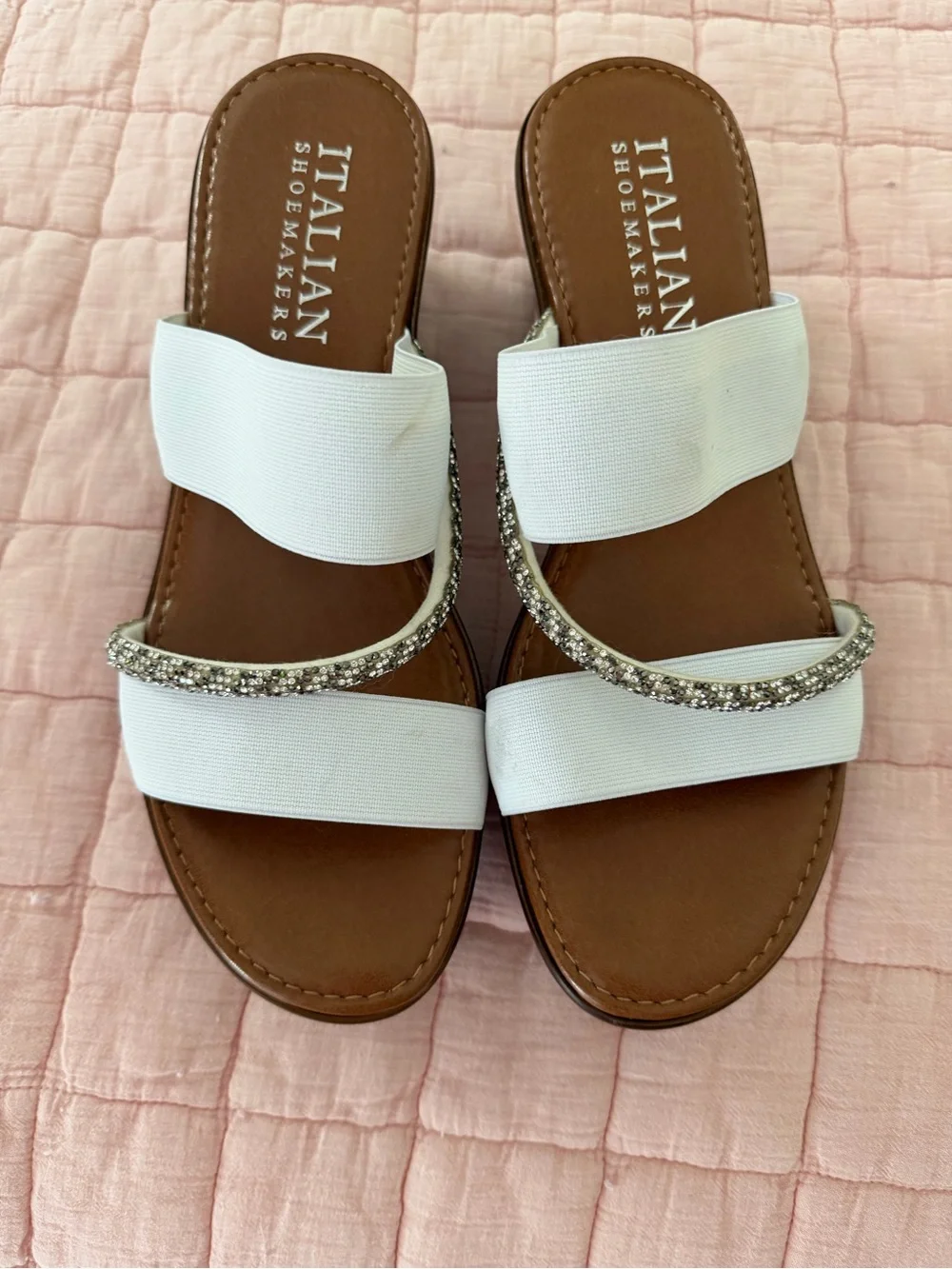 Italian Shoemakers White Wedge Sandals with Rhinestone Strap